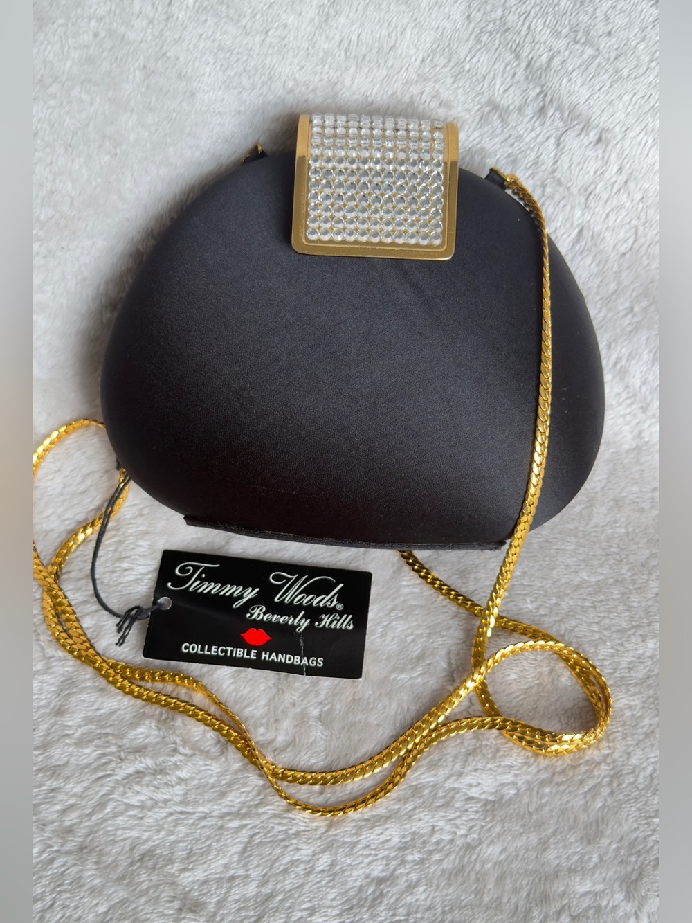 New Timmy Woods Beverly Hills Black Satin Rhinestone Evening Clutch Bag